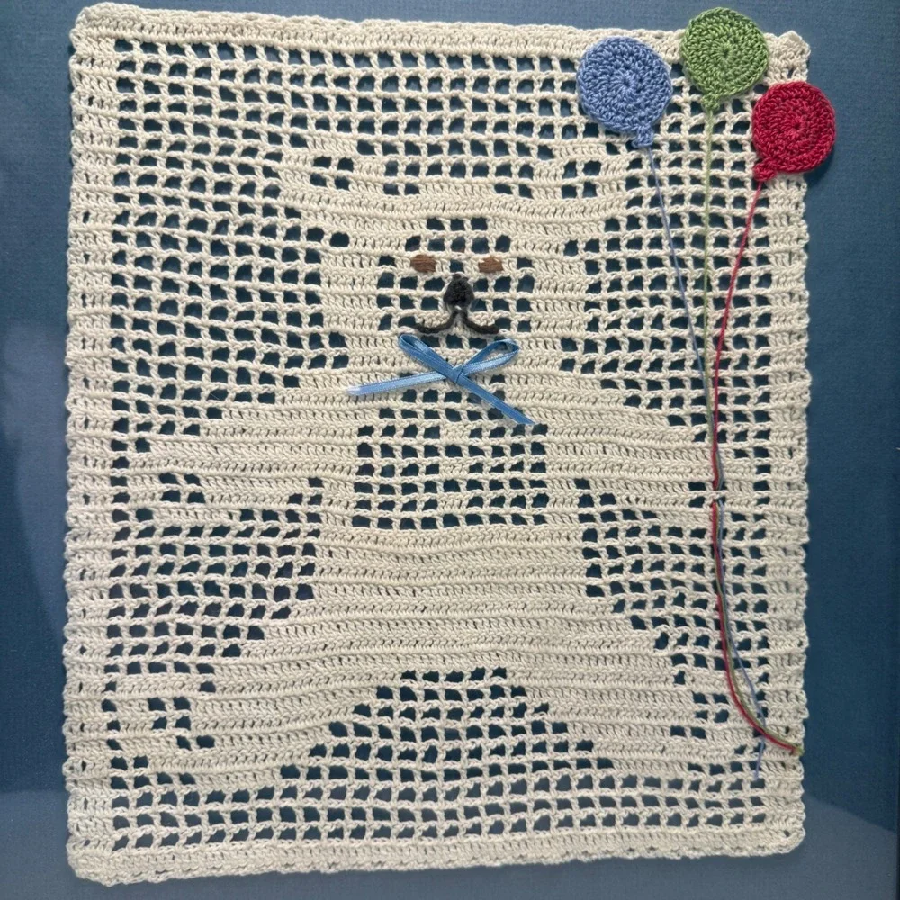 VTG 80s Crochet Teddy‎ Bear Balloons Wall Art Custom Framed Decor Cottage Whimsy